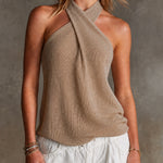 ElevenOra Chic Shimmer Taupe Cross Halter Neck Sleeveless Slim-Fit Ribbed Knit Sweater Vest Top