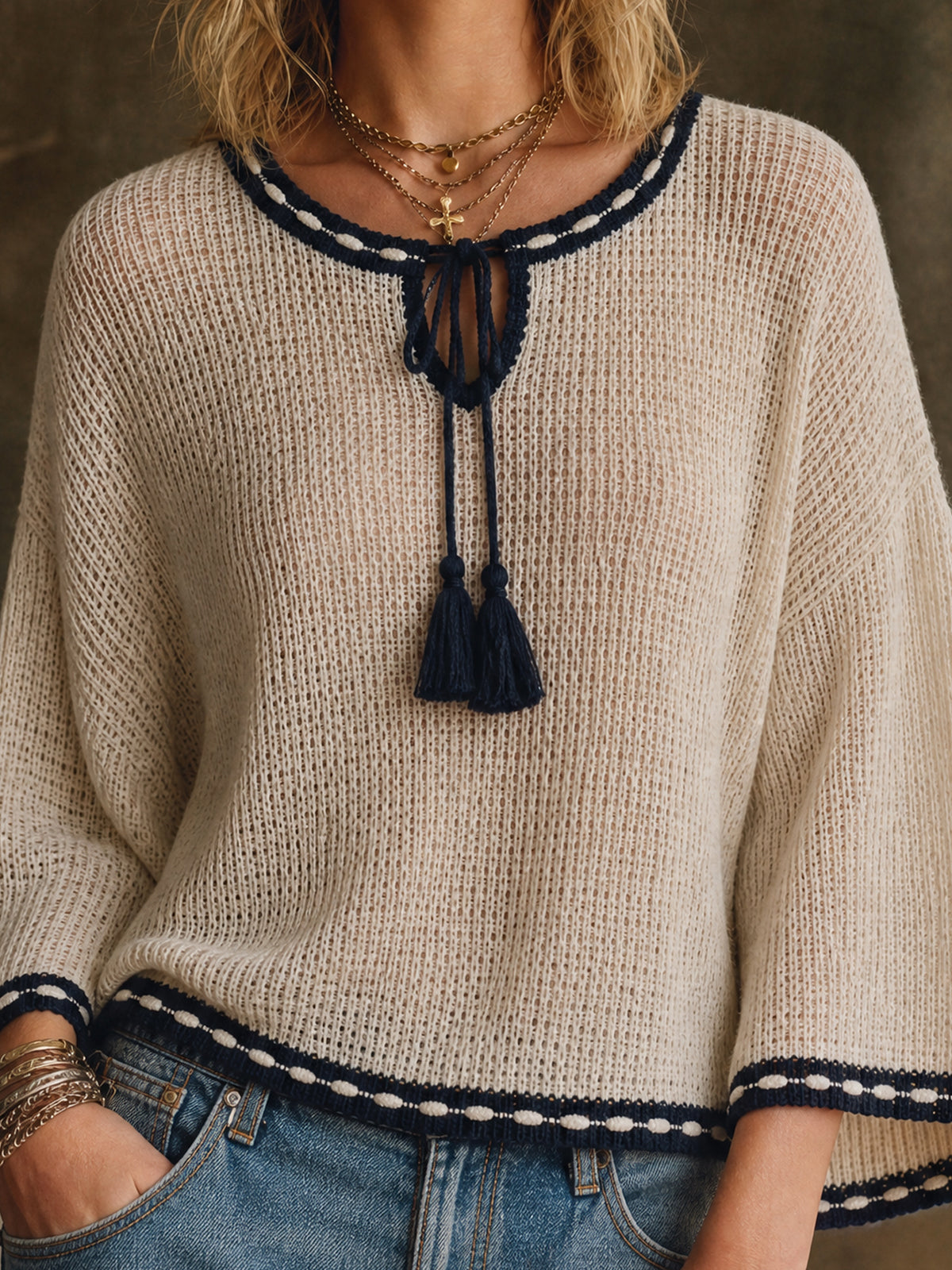 ElevenOra Chic Cream-Navy Colorband Round Neck Tassel Rope Details Three Quarter Sleeve Loose-Fit Mesh Knit Sweater Top