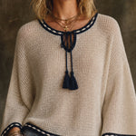 ElevenOra Chic Cream-Navy Colorband Round Neck Tassel Rope Details Three Quarter Sleeve Loose-Fit Mesh Knit Sweater Top
