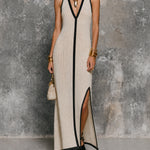 ElevenOra Chic White-Black Contrast Trim Colorband V-Neck Sleeveless A-Line Skirt Slim-Fit Ribbed Sweater Side Slit Details Maxi Dress