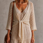 ElevenOra Chic Solid Cream V-Neck Three Quarter Batwing Sleeves Loose-Fit Mesh Tie Details Knit Cardigan Top