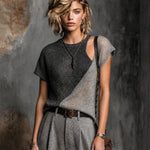 ElevenOra Chic Dark Gray-Light Gray Colorblock Round Neck Cutout Details Short Sleeve Loose-Fit Knit Sweater Top