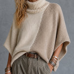 ElevenOra Chic Cream-Taupe Colorblock Turtleneck Batwing Sleeves Loose-Fit  Knit Poncho Sweater Top