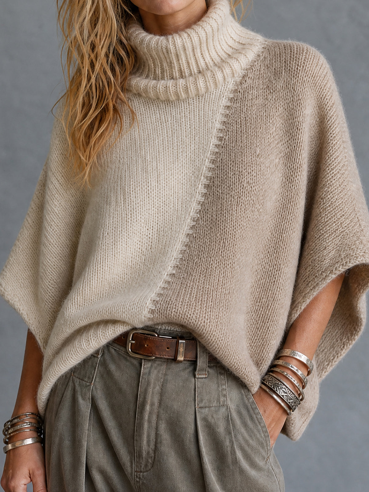 ElevenOra Chic Cream-Taupe Colorblock Turtleneck Batwing Sleeves Loose-Fit  Knit Poncho Sweater Top