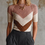 ElevenOra Chic Dusty Pink-Cream-Brown Colorblock Chevron Details Round Neck Raglan Short Sleeve Slim-Fit Knit Sweater Top