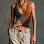 ElevenOra Chic Mustard-Claret-Grey-Beige Colorblock Arglye V-Neck Slim-Fit Knit Vest Top