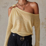 ElevenOra Chic Yellow One Shoulder Ring Tie Asymmetrical-Neck Long Sleeve Loose-Fit Knit Sweater Top