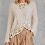 ElevenOra Chic Cream Boat Neck Long Sleeve Loose-Fit Sequin Embellished Knit Sweater Top