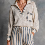 ElevenOra Chic Cream-Navy Contrast Trim Half-Zip Collar Pocket Details Long Sleeve Loose-Fit Hollow Knit Sweater Top