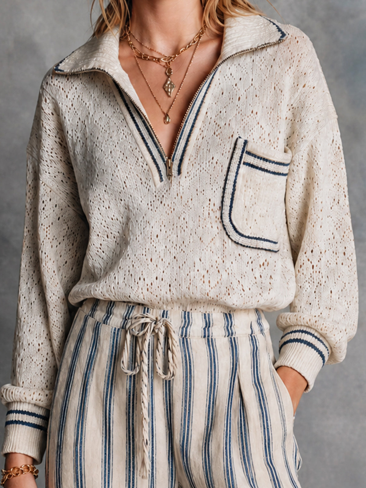 ElevenOra Chic Cream-Navy Contrast Trim Half-Zip Collar Pocket Details Long Sleeve Loose-Fit Hollow Knit Sweater Top
