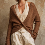 ElevenOra Chic Brown Twist Front Wrap V-Neck Long Sleeve Loose-Fit Top Beige Halter-Neck Vest Sweater Two Piece Set