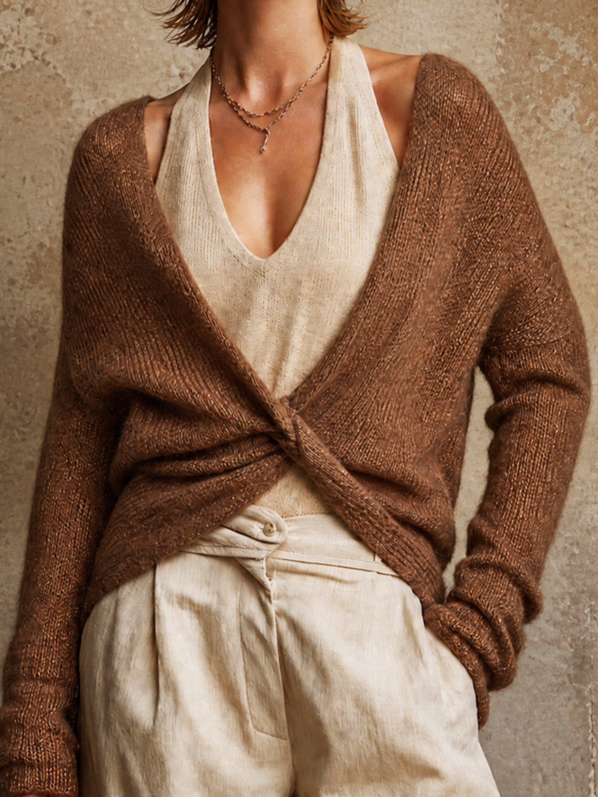 ElevenOra Chic Brown Twist Front Wrap V-Neck Long Sleeve Loose-Fit Top Beige Halter-Neck Vest Sweater Two Piece Set