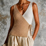 ElevenOra Chic Camel-White Colorblock Wrap V-Neck Sleeveless Slim-Fit Tie Side Ribbed Sweater Vest Top