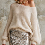ElevenOra Chic Cream Off-Shoulder Long Puff Sleeve Loose-Fit Pearl Embellished Fluffy Knit Sweater Top