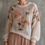 ElevenOra Chic Cream Floral Print Round Neck Long Puff Sleeve Loose-Fit Fluffy Knit Sweater Top