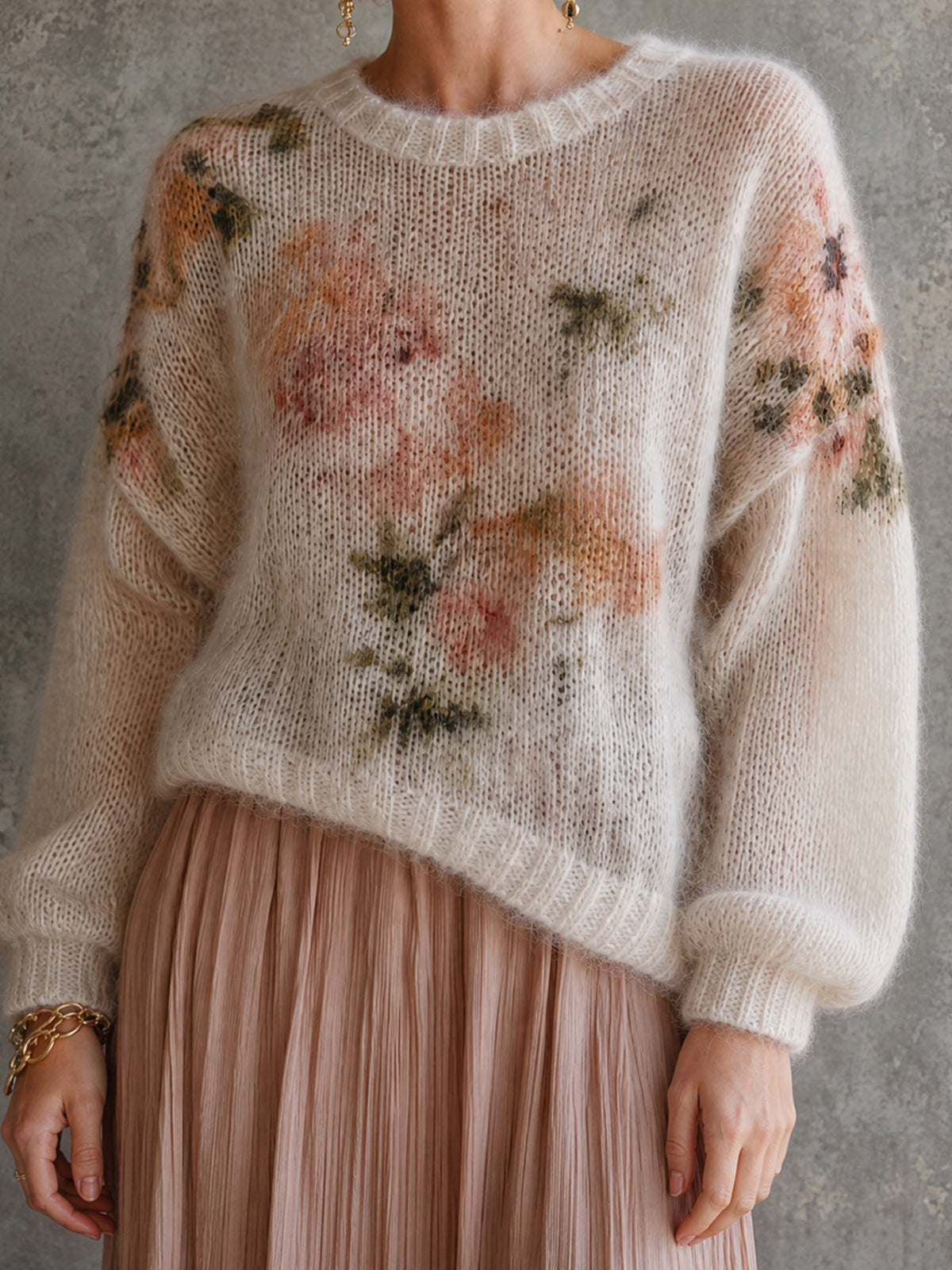ElevenOra Chic Cream Floral Print Round Neck Long Puff Sleeve Loose-Fit Fluffy Knit Sweater Top