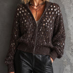 ElevenOra Chic Dark Brown Glitter Hooded Collar Double-Ended Zipper Long Sleeve Loose-Fit Mesh Knit Cardigan Top