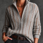 ElevenOra Chic Gray-Gold Colorblock Stripes Half Zip Long Sleeve Loose-Fit Mesh Knit Sweater Top