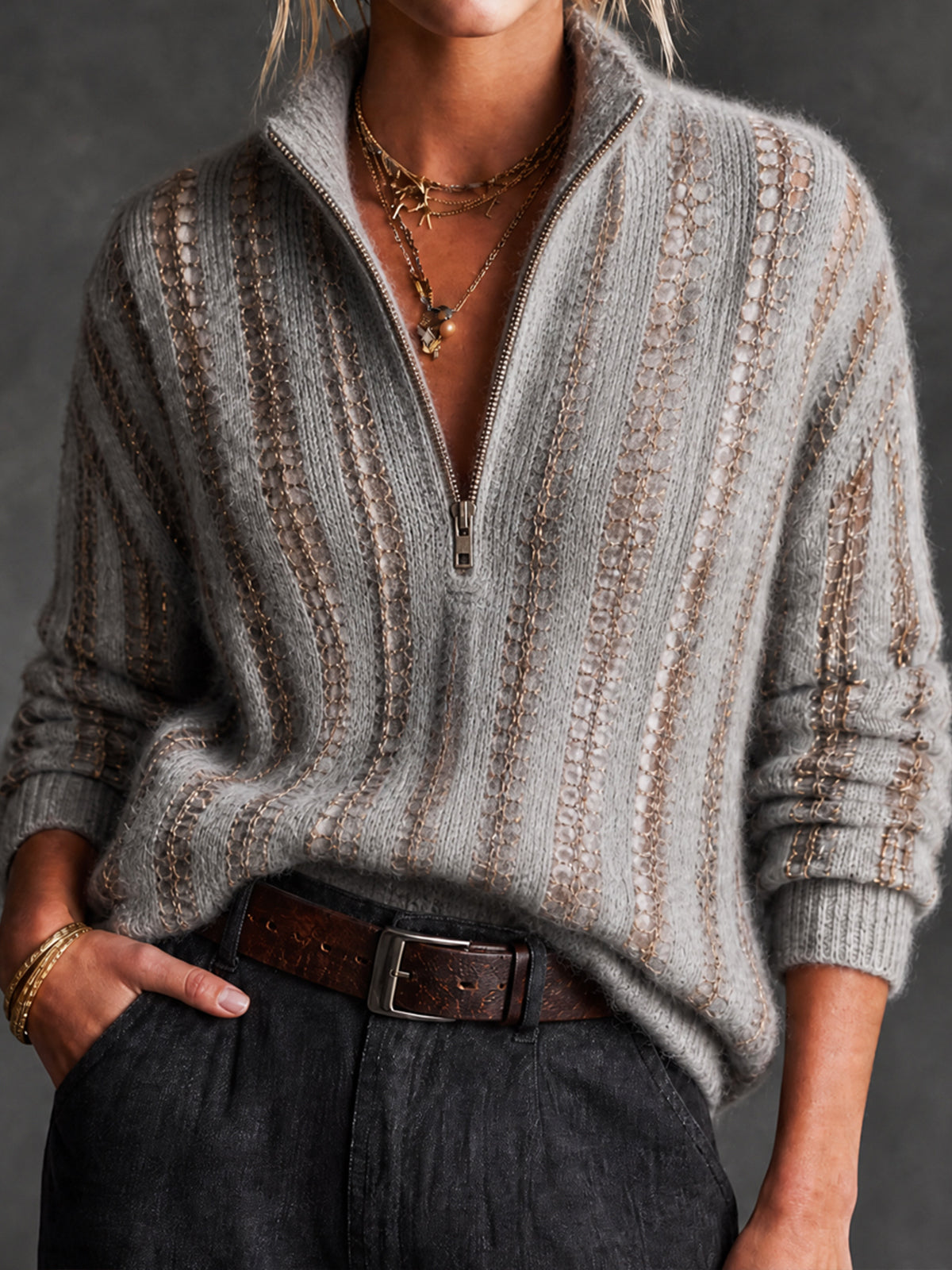 ElevenOra Chic Gray-Gold Colorblock Stripes Half Zip Long Sleeve Loose-Fit Mesh Knit Sweater Top