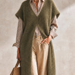 ElevenOra Chic Olive Green V-Neck Sleeveless Split Details Loose-Fit Fluffy Sweater Tank Top