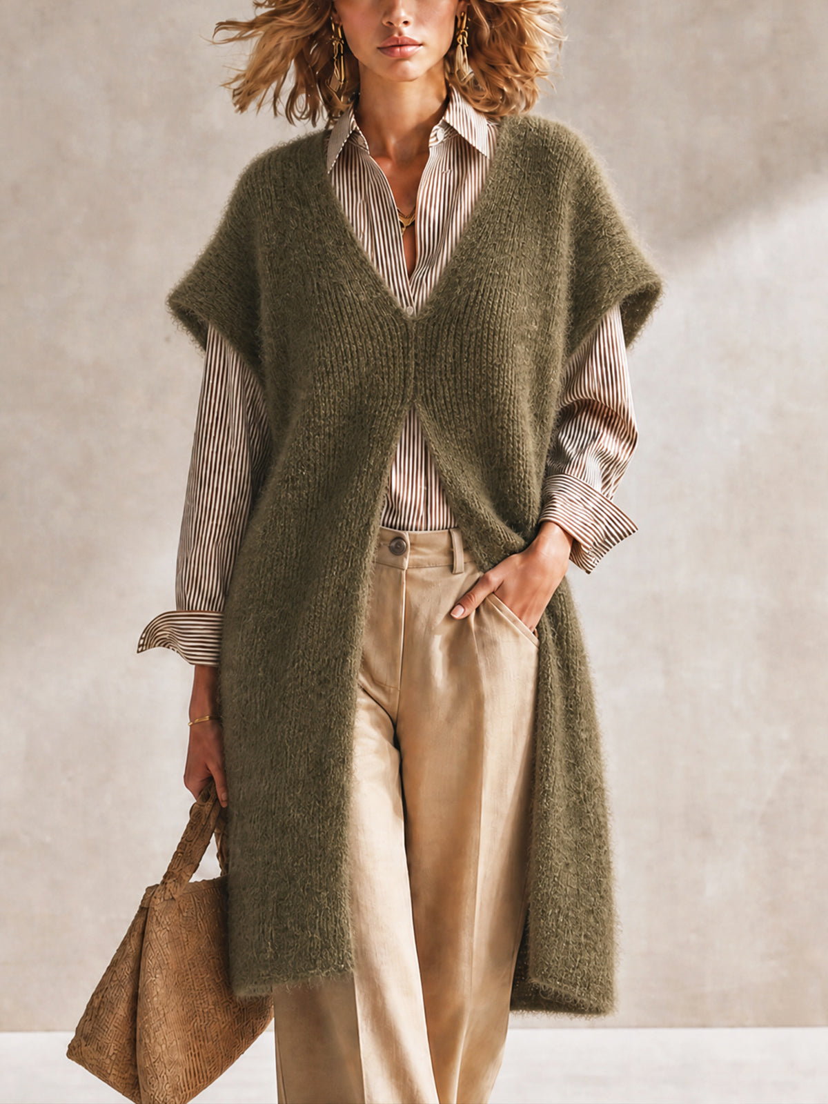ElevenOra Chic Olive Green V-Neck Sleeveless Split Details Loose-Fit Fluffy Sweater Tank Top
