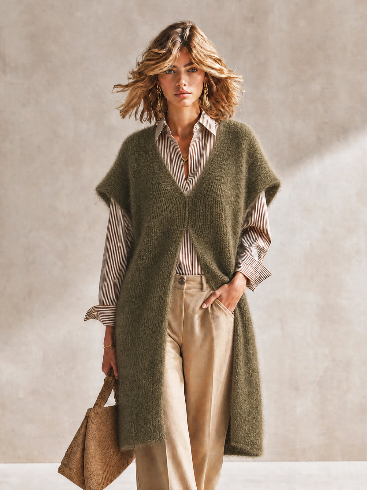 ElevenOra Chic Olive Green V-Neck Sleeveless Split Details Loose-Fit Fluffy Sweater Tank Top