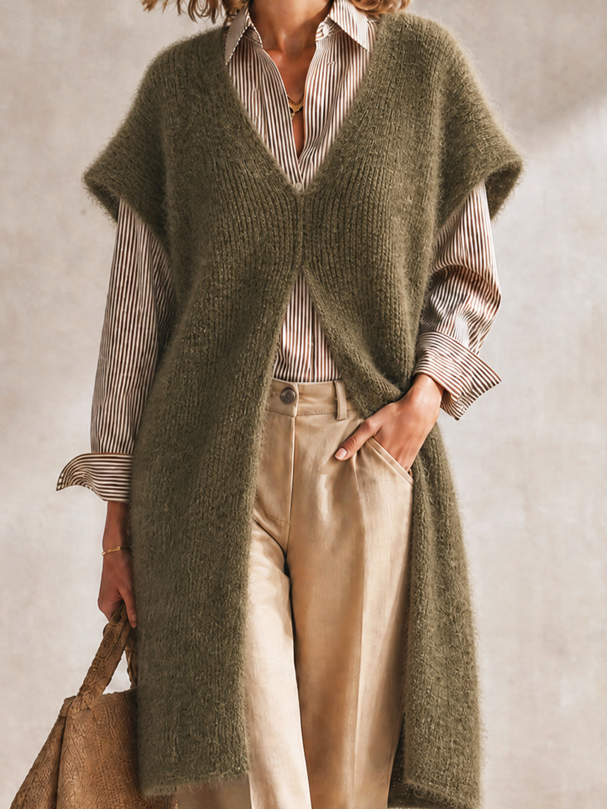 ElevenOra Chic Olive Green V-Neck Sleeveless Split Details Loose-Fit Fluffy Sweater Tank Top