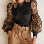 ElevenOra Chic Black-Brown Leopard Chiffon Patchwork Round Neck Long Puff Sleeve Slim-Fit Sweater Top
