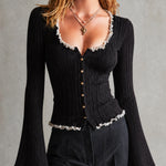 ElevenOra Chic Black-White Contrast Ruffle Trim U-Neck Long Flared Sleeve Single-breasted Slim-Fit Ribbed Sweater Top