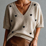 ElevenOra Chic Oatmeal-Black Heart Pattern V-Neck Short Sleeve Loose-Fit Knit Sweater Top
