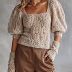 ElevenOra Chic Oatmeal Square Neck Puff Half Sleeve Slim-Fit Wesh With Gloves Knit Sweater Top