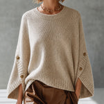 ElevenOra Chic Oatmeal Round Neck Three-Quarter Bawting Sleeve Loose-Fit Button Detail Knit Sweater Top