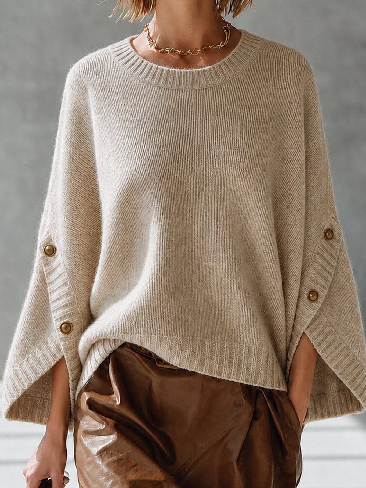 ElevenOra Chic Oatmeal Round Neck Three-Quarter Bawting Sleeve Loose-Fit Button Detail Knit Sweater Top