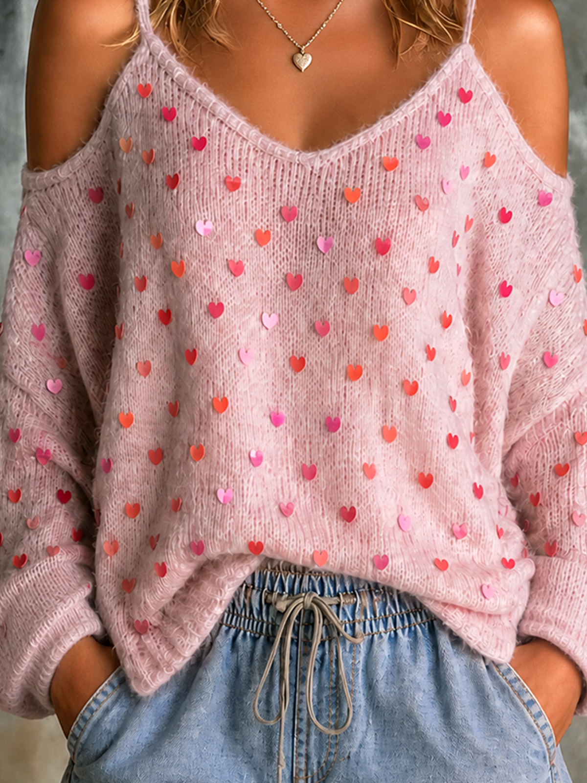 ElevenOra Chic Casual Pink Spaghetti Straps Cold Shoulder Heart Sequin Long Sleeve Loose-Fit Knit Sweater Top