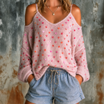 ElevenOra Chic Casual Pink Spaghetti Straps Cold Shoulder Heart Sequin Long Sleeve Loose-Fit Knit Sweater Top