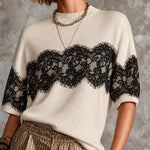 ElevenOra Chic Cream-Black Colorblock TurtleNeck Half Sleeve Loose-Fit Lace Panel Knit Sweater Top