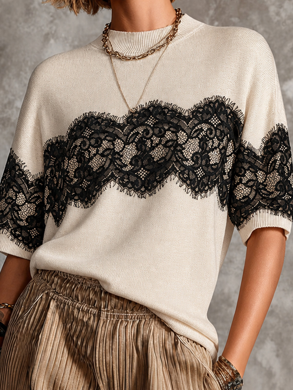 ElevenOra Chic Cream-Black Colorblock TurtleNeck Half Sleeve Loose-Fit Lace Panel Knit Sweater Top
