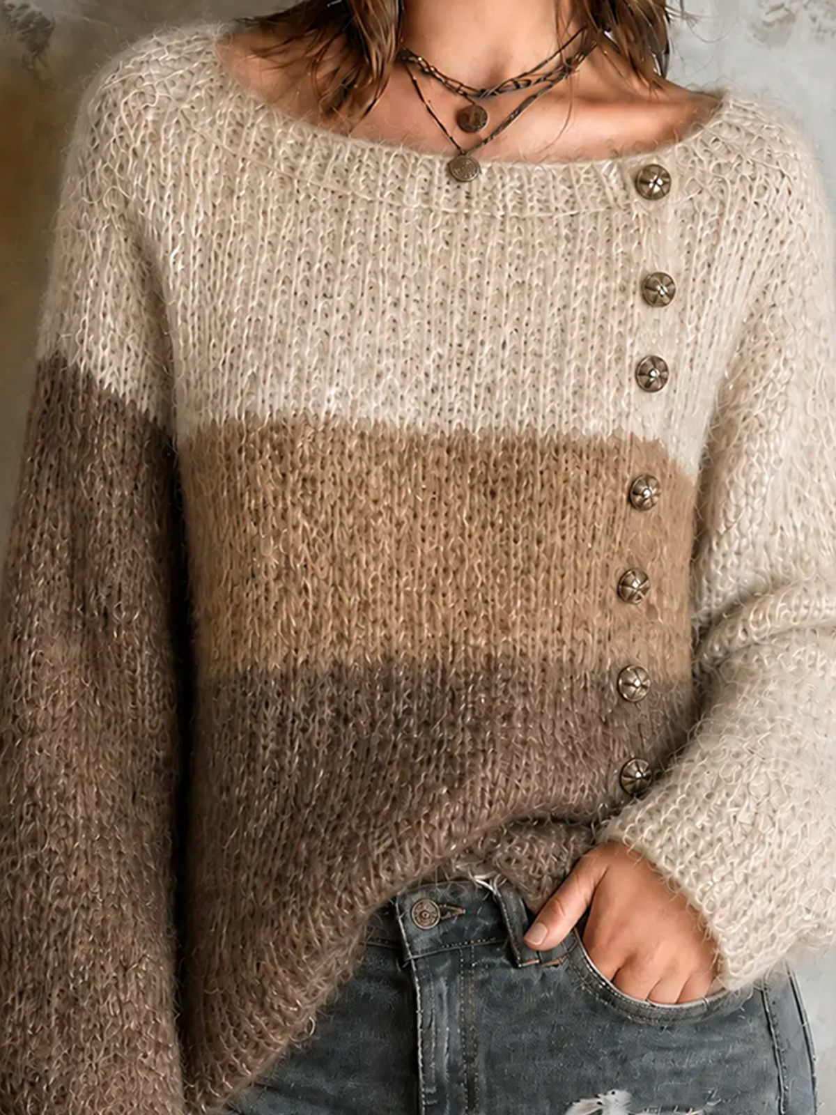 ElevenOra Chic Casual Beige-Camel-Brown Colorblock Boat Neck Side Button Detail Long Sleeve Loose-Fit Knit Sweater Top