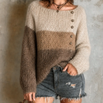 ElevenOra Chic Casual Beige-Camel-Brown Colorblock Boat Neck Side Button Detail Long Sleeve Loose-Fit Knit Sweater Top