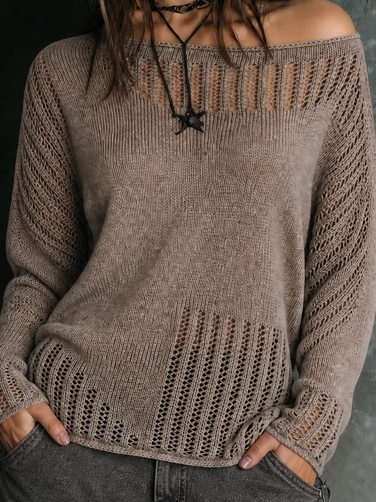 ElevenOra Chic Casual Taupe Brown Off‑the‑Shoulder Hollow-Out Long Sleeve Loose-Fit Knit Sweater Top