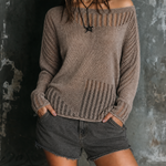 ElevenOra Chic Casual Taupe Brown Off‑the‑Shoulder Hollow-Out Long Sleeve Loose-Fit Knit Sweater Top