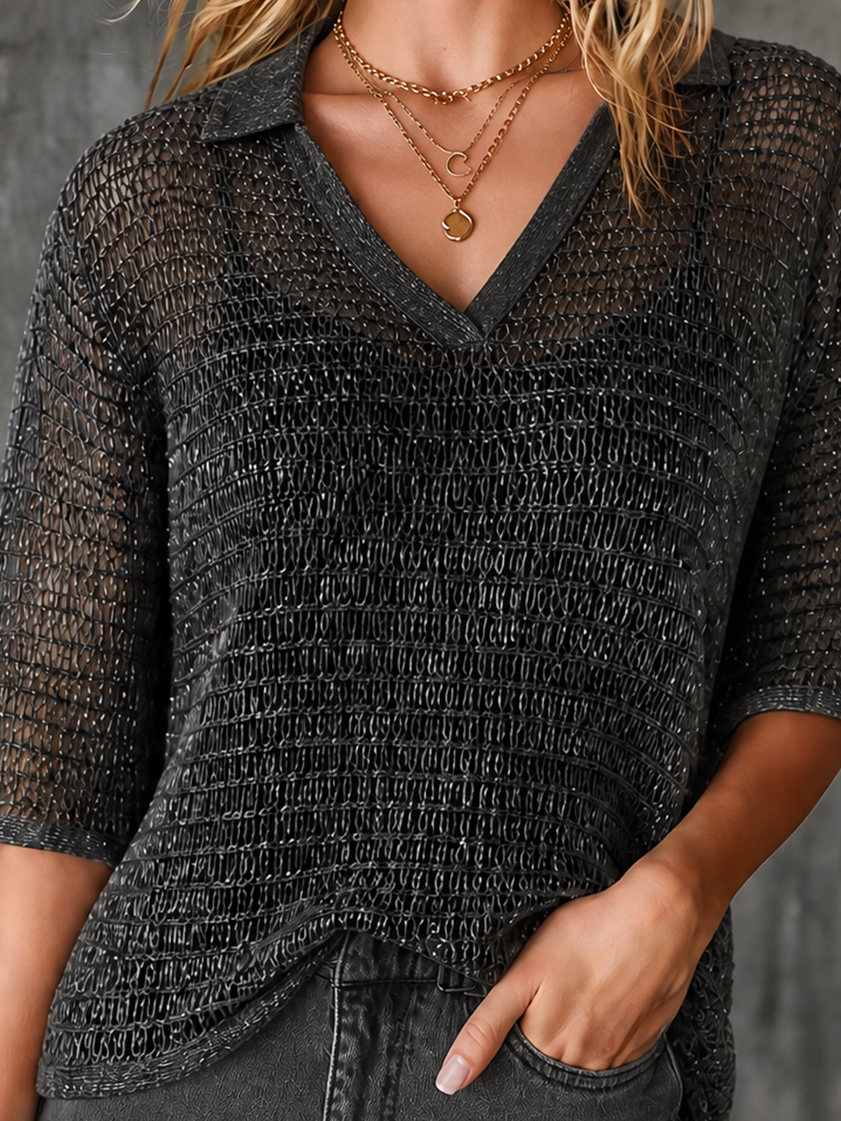 ElevenOra Chic Casual Black Lapel-Collar V-Neck Grid Hollow-Out Half-Sleeve Loose-Fit Knit Sweater Top