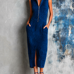 ElevenOra Chic Elegant Royal Blue Stand Collar Half Zip Sleeveless Front Slit Slim-Fit Ribbed Knit Midi Dress