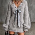 ElevenOra Chic Light Gray V-Neck Long Lantern Sleeve Loose-Fit Satin Bow Fluffy Mohair Knit Mini Dress