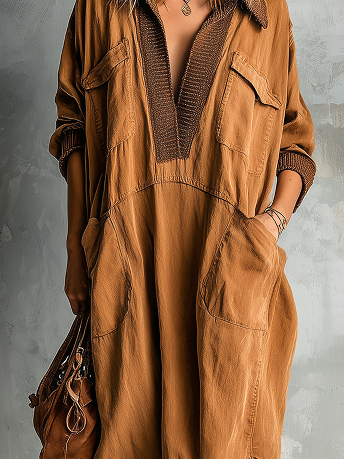 ElevenOra Chic Casual Caramel Cotton Blend Lapel-Collar Contrast Trim V-Neck Patch Pockets Long Sleeve Asymmetrical Hem Loose-Fit Midi Dress