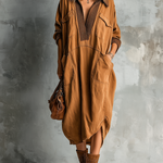 ElevenOra Chic Casual Caramel Cotton Blend Lapel-Collar Contrast Trim V-Neck Patch Pockets Long Sleeve Asymmetrical Hem Loose-Fit Midi Dress