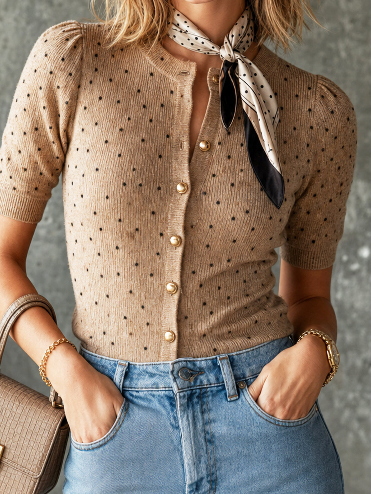 ElevenOra Chic Camel-Black Colorblock Dot Pattern Round Neck Single-Beasted Puff Short Sleeve Slim-Fit Knit Cardigan Top