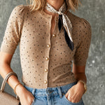 ElevenOra Chic Camel-Black Colorblock Dot Pattern Round Neck Single-Beasted Puff Short Sleeve Slim-Fit Knit Cardigan Top