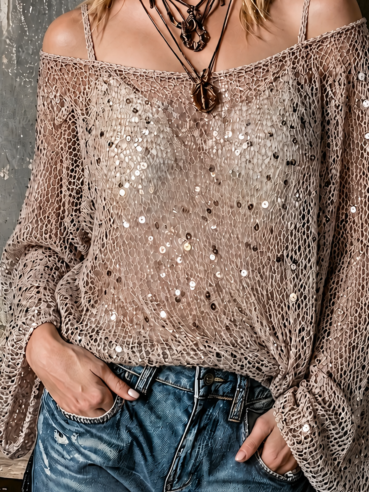 ElevenOra Chic Casual Beige Spaghetti Straps Cold Shoulder Sequin Fishnet Mesh Long Sleeve Loose-Fit Knit Sweater Top