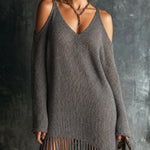 ElevenOra Chic Dark Grey Cold Shoulder V-Neck Long Sleeve Loose-Fit Fringe Straight Skirt Knit Mini Dress